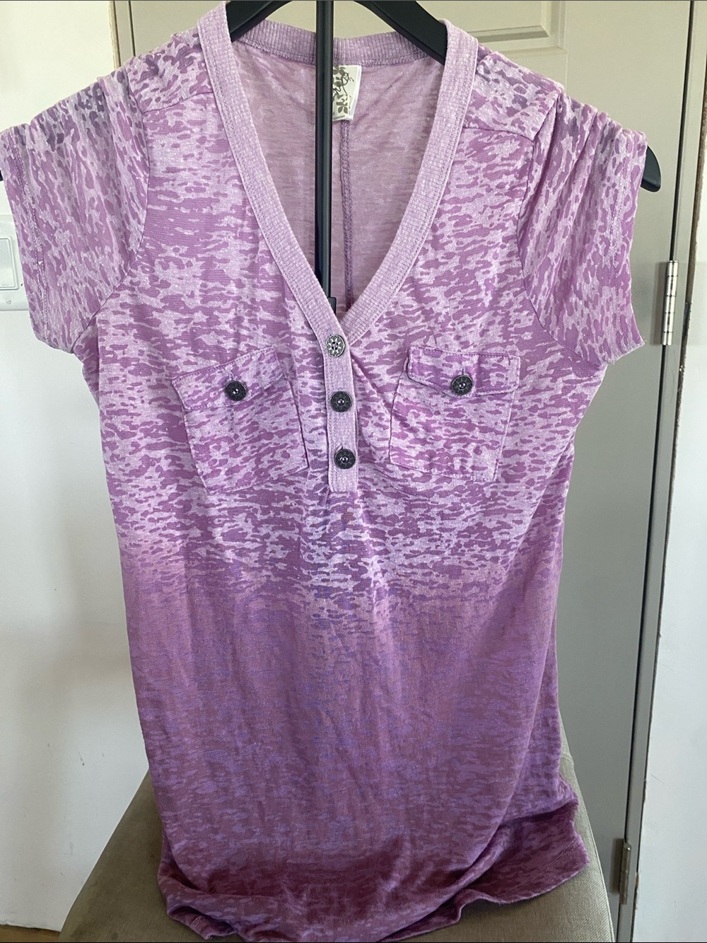Aventura Sheer Purple Short Sleeve Henley Tee with Front Pockets